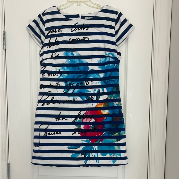 Desigual Striped Floral Script Print Dress Size 44 - Picture 1 of 6